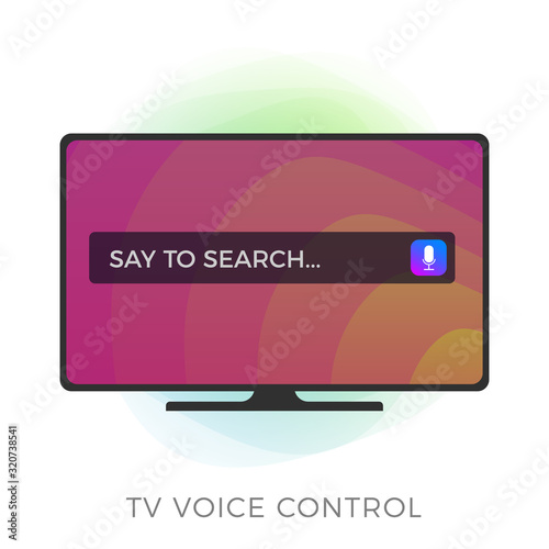 Smart Tv with voice remote control, flat vector icon. Voice assistance system concept, speech recognition. Black tv with color background and search bar on screen with microphone icon