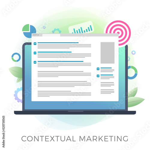 Contextual Marketing campaign vector icon. Context ppc online advertising with laptop ads and graph, arrow and profit icons. Concept of analytics, strategy, profit growth and successful result.