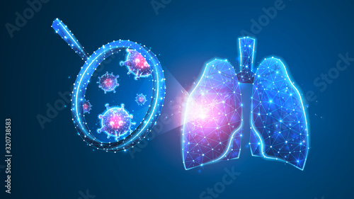 Lungs Virus-cell exploration. Epidemic strain research, pneumonia or respiratory pathogen concept. Abstract polygonal image on blue neon background. Low poly, wireframe, digital 3d vector illustration