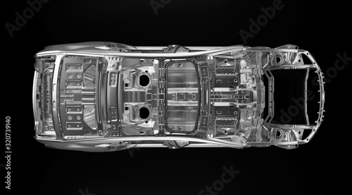 Side view of production sedan car stainless steel or aluminium body and chassis frame. Metallic vehicle framing base isolated against black background with reflections. 3D rendering illustration.