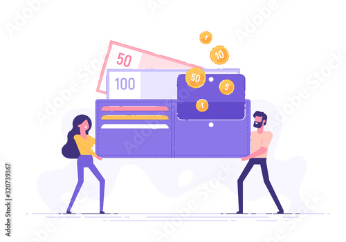 Happy man and woman are holding a huge wallet with money and credit cards. Family budget and finance concept. Home savings and investments. Modern vector illustration.