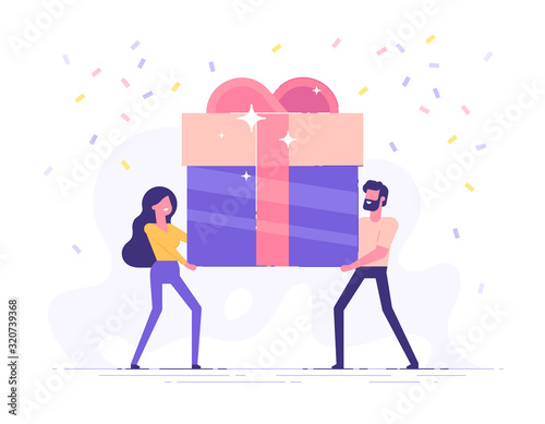 Happy smiling man and woman are carrying a large gift box. Bonus or special offer. Present. Modern vector illustration.