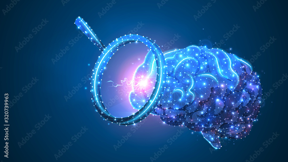 Obraz premium Brain Virus-cell exploration. Epidemic strain research, immunology and infection pathogen concept. Abstract polygonal image on blue neon background. Low poly, wireframe digital 3d Raster illustration