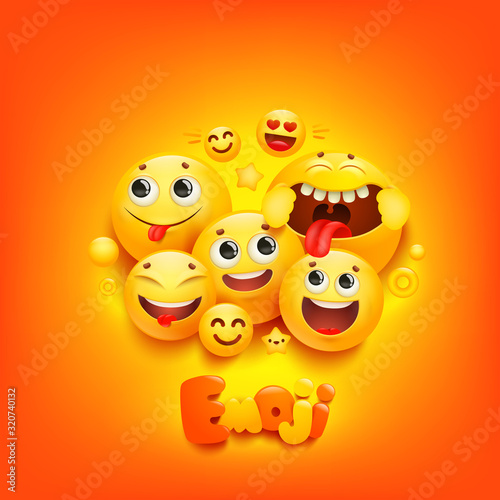 Emoji cartoon group smile character in 3d style on yellow background. Facial expression.