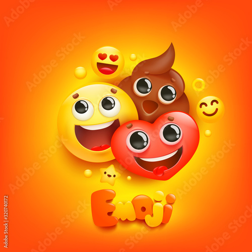 Emoji cartoon group smile, poop, herart characters in 3d style on yellow background. Facial expression.