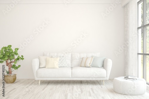 Stylish room in white color with sofa. Scandinavian interior design. 3D illustration