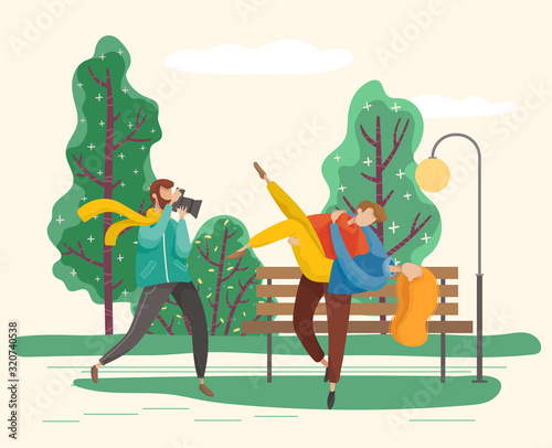 Photographer taking shots of posing couple in love. Man embracing woman in park, romantic photoshoot of boyfriend and girlfriend. People surrounded by nature of forest. Sensual photos vector