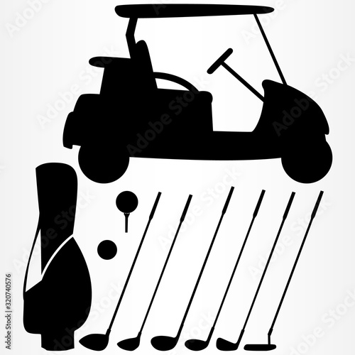 Set of Golf equipment. Golf car with a bag for clubs. Set of clubs for different holes.