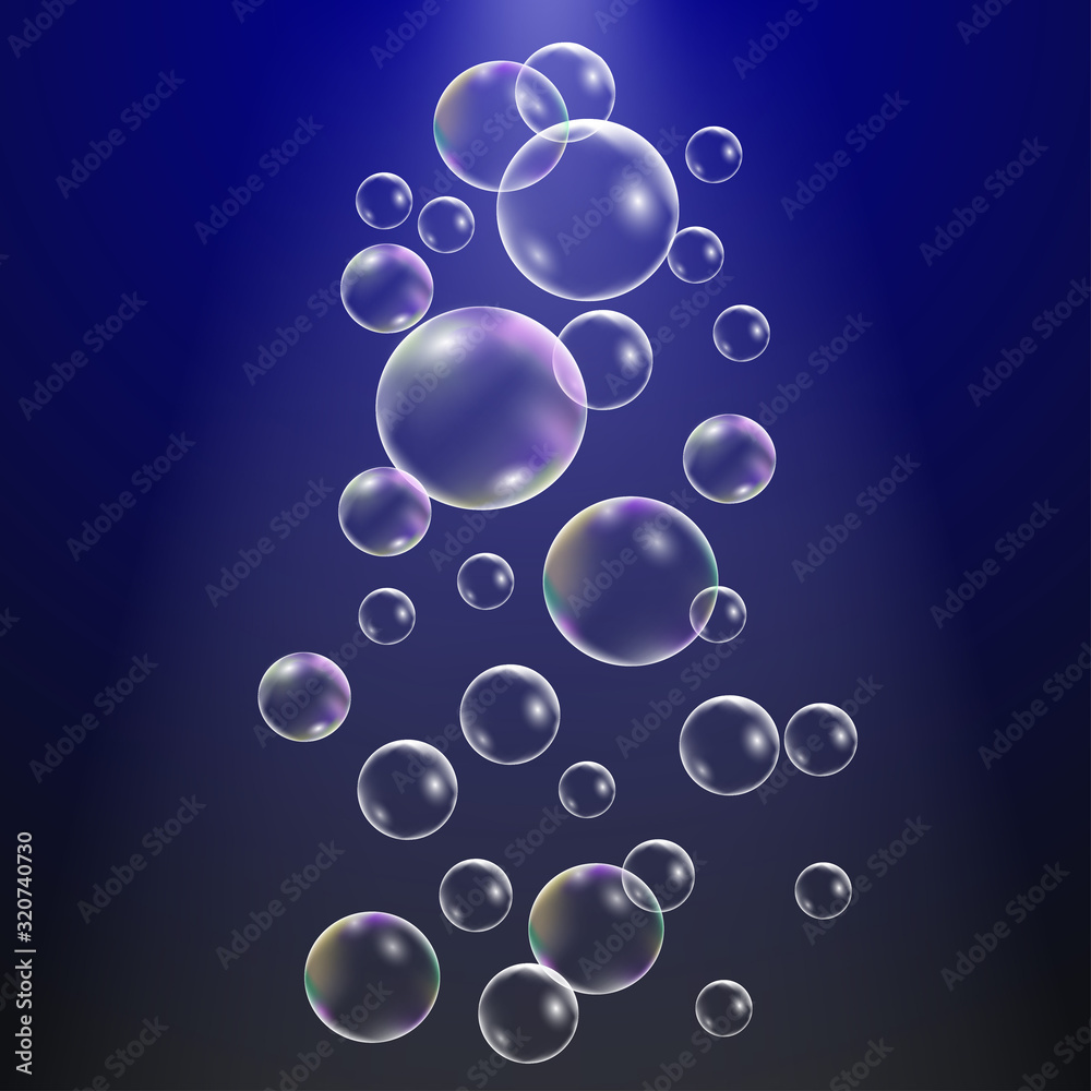 Set of water bubbles on dark blue background. Vector illustration