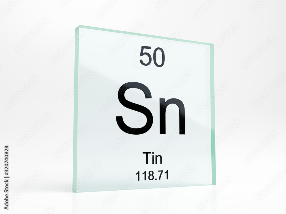 Tin element symbol from periodic table on glass icon - realistic 3D render Tin element symbol from periodic table on glass icon - realistic 3D render
