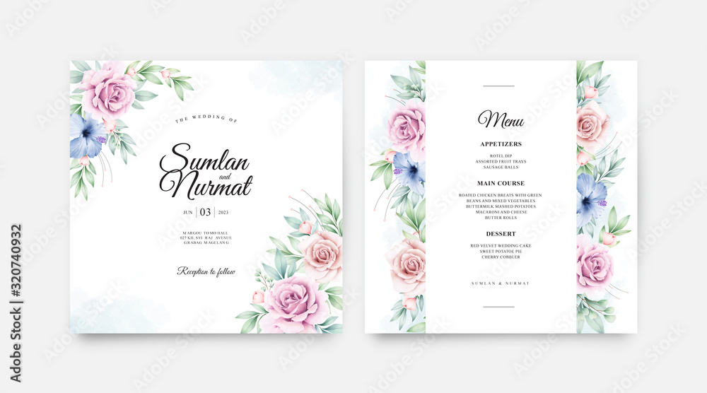 Wedding invitation card set template with colorful floal watercolor
