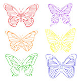 Set of beautiful colorful butterflies.  Hand drawn pattern. Outline drawing.