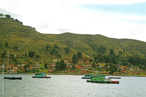 Buses on Ferries Crossing the Strait of Tiquina on Lake Titicaca, Bolivia, South America