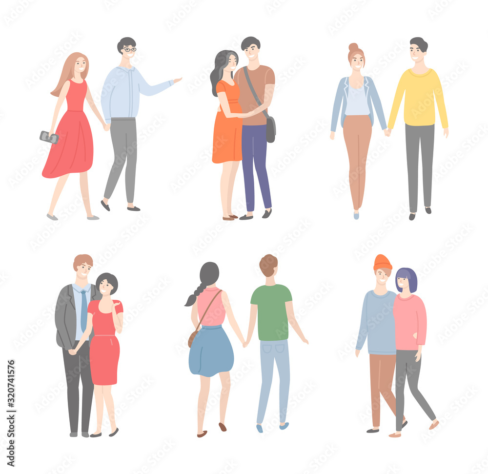 Couples on date vector, isolated set of characters in flat style. Man and woman holding hands walking and talking. Front and back view of boyfriends and girlfriends on weekends. Romantic pairs