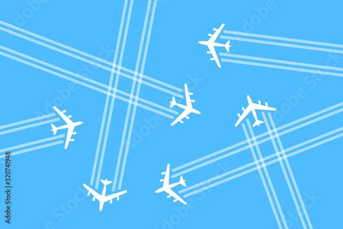 Airspace is busy and overcrowded by crowd of airplanes, aeroplanes and planes. Aviation, aerial traffic / transportation and danger of collision and crash. Vector illustration. photo