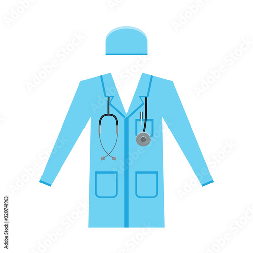 Flat medicine icon of medical gown, medical cap and stethoscope isolated on white background. Design elements. Vector illustration.