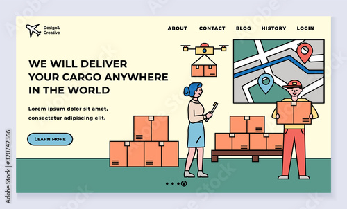 Online shopping, delivery service, deliveryman or courier with parcel landing we page vector. Shipping and transportation, mailman, navigation map. Food or clothes, goods and products illustration