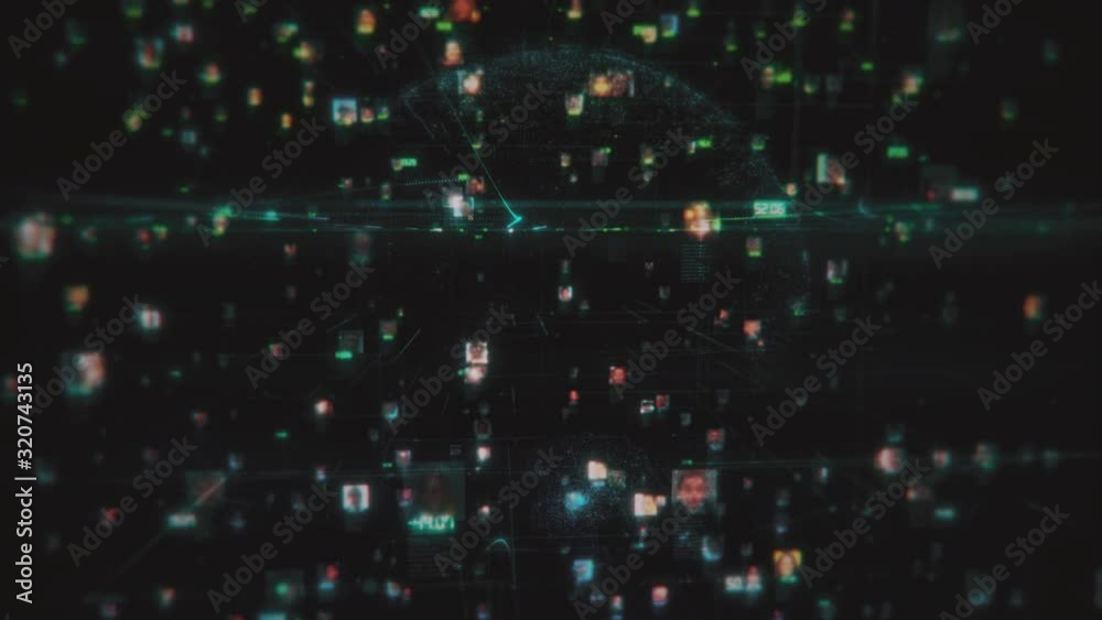 social network and big data concept with different people portraits linked by blue lines on the background of the earth planet model, 3d rendering 4K.