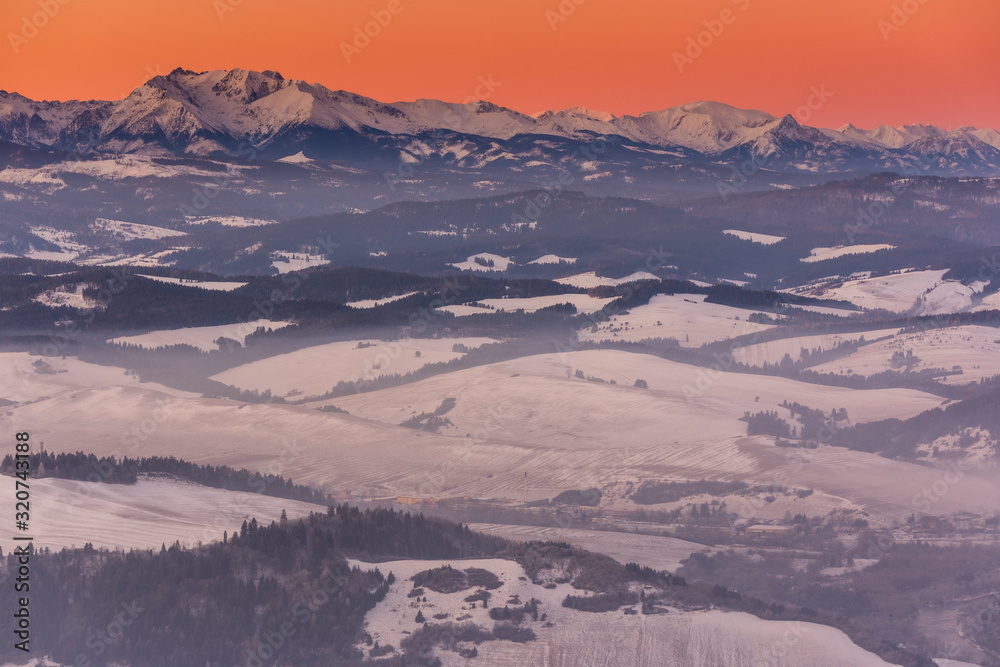 Pieniny Mountains winter view from Trzy Korony Peak, Poland Pieniny Mountains winter view from Trzy Korony Peak, Poland