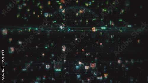 social network and big data concept with different people portraits linked by blue lines on the background of the earth planet model, 3d rendering 4K.