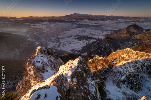 Pieniny Mountains winter view from Trzy Korony Peak, Poland