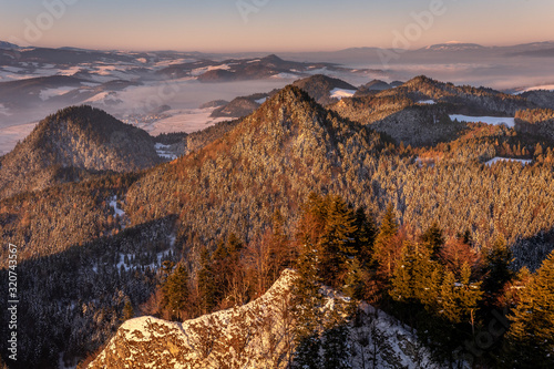 Pieniny Mountains winter view from Trzy Korony Peak, Poland