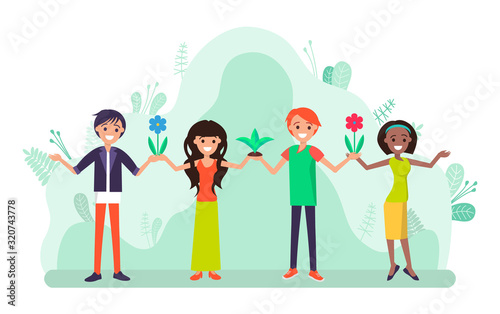 Group of young people standing together and holding colorful flowers and plants in pods. Men and Women smiling. Company of friends outdoors, floriculture hobby