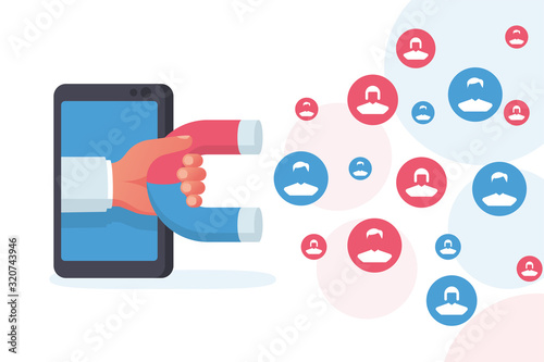 Customer acquisition concept. Hand with a magnet attracts new consumers. Followers and likes. Smartphone as a tool of social media. Vector illustration flat design. Isolated on white background.