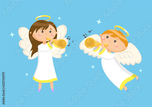 Angels with trumpets playing music, boy and girl vector. Halo and wings, musical instruments, heaven characters in sky, children or kids, Christmas
