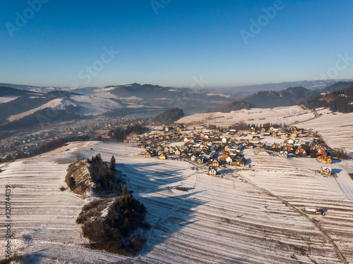 Drone view to Pieniny mountains in witer. Poland.