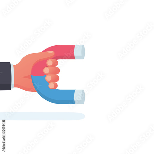 Magnet in hand. Customer hunter is holding a magnet to attract. Attraction customers and investment as a template. Vector illustration flat design. Isolated on white background.
