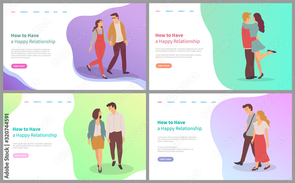 How have happy relationship set, man and woman embracing or holding hands on date, couple dating appointment, feelings boyfriend and girlfriend vector. Website template, landing page flat style How have happy relationship set, man and woman embracing or holding hands on date, couple dating appointment, feelings boyfriend and girlfriend vector. Website template, landing page flat style