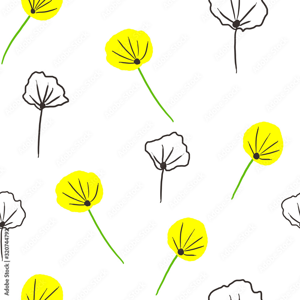 Fototapeta Simple gentle seamless pattern of yellow dandelions black outline flowers on a white background. For the design of fabrics, bedding, clothes, paper, packaging. For the spring-summer season.