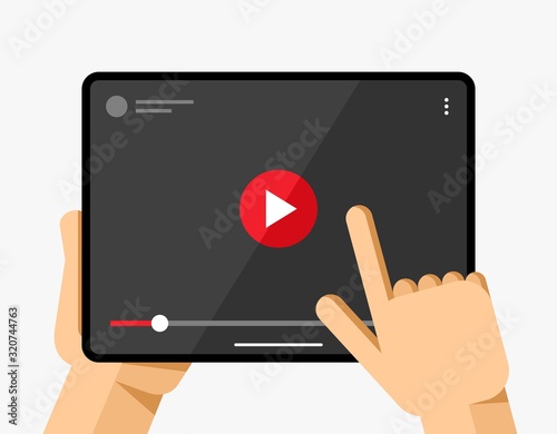 Tablet mockup in human hand. Video player application on black background. Play, pause, slider button. EPS10 Vector