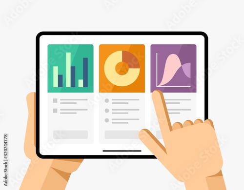 Tablet mockup in human hand. Electronic commerce application. Chart, data, diagram. EPS10 Vector