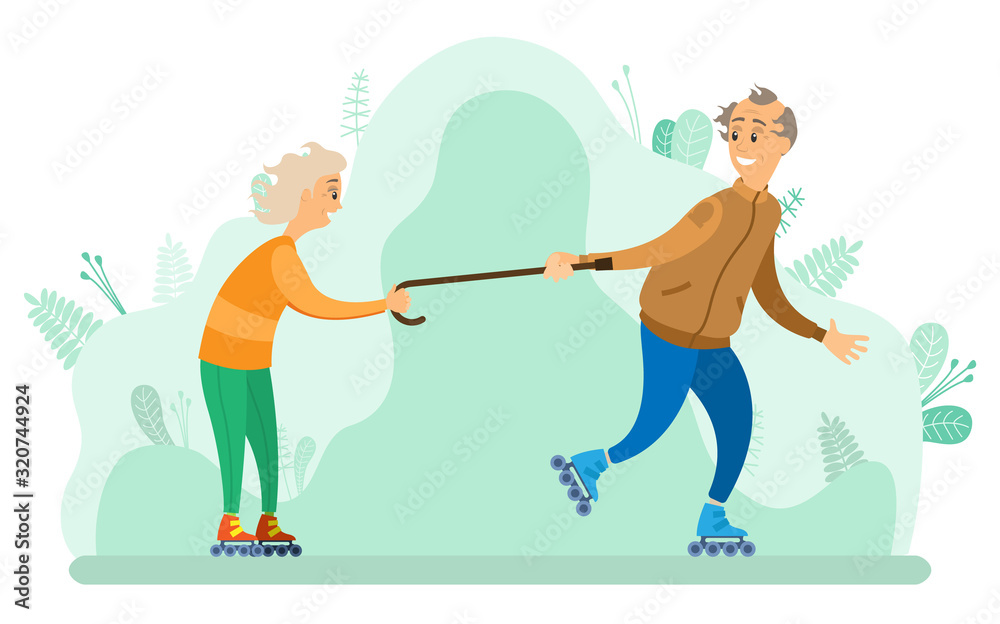 People senior man and woman in park vector, grandfather and grandmother spending time in forest. Skating female holding wooden walking stick flat style