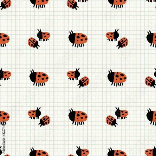 Cute ladybug bug group seamless vector pattern. Hand drawn red spotted wildlife insect on striped background. Critter entomology home decor. Naive, ecology, ladybird all over print. 