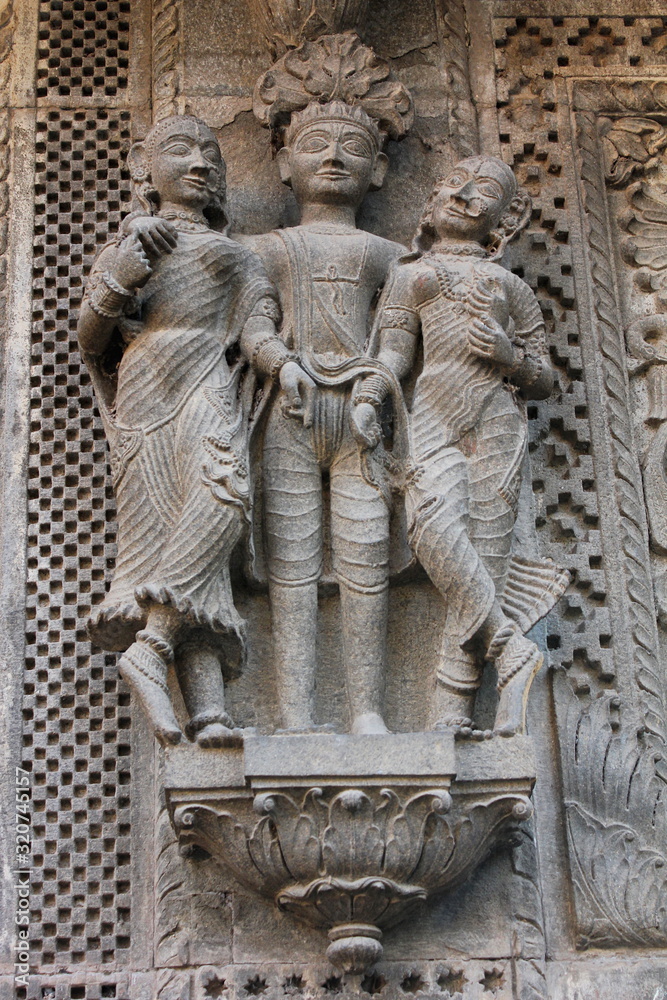 Sculpture on the outer walls of Shiva temple. Ahilyabai Holkar fort, Maheswar, Khargone, Madhya Pradesh, India