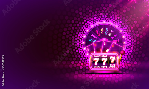 Casino neon colorful fortune wheel, Neon slot machine wins the jackpot.