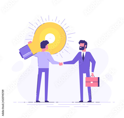 The man is holding a huge light bulb and shaking hands with a businessman with briefcase. Startup and search of investments concept. Business angel investing to innovational idea. Vector illustration.