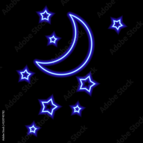 neon sign of blue moon and stars on black background