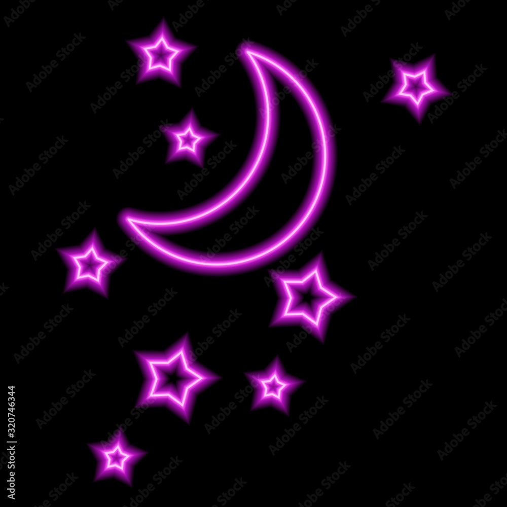 Neon sign of pink moon and stars on black background Stock Vector