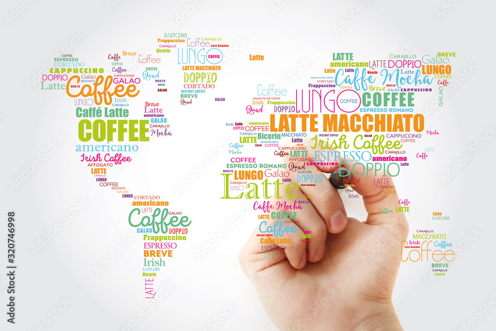 Coffee drinks word cloud in shape of World Map, concept background Coffee drinks word cloud in shape of World Map, concept background