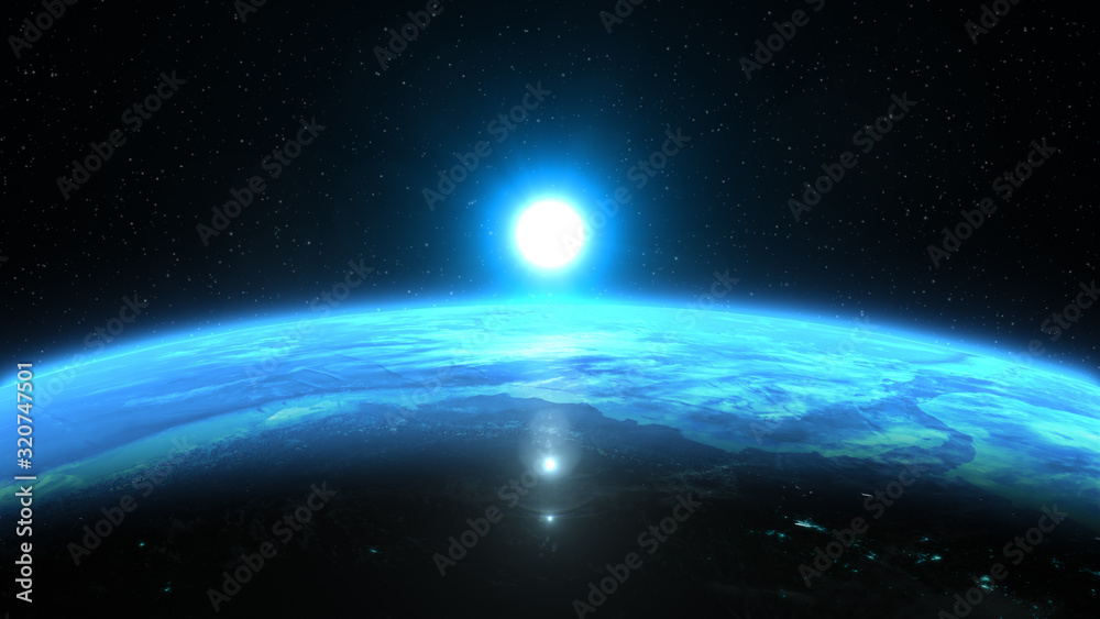 Beautiful view from space of the Sun rising over Planet Earth. Blue version. Elements of this 3D illustration were furnished by NASA.