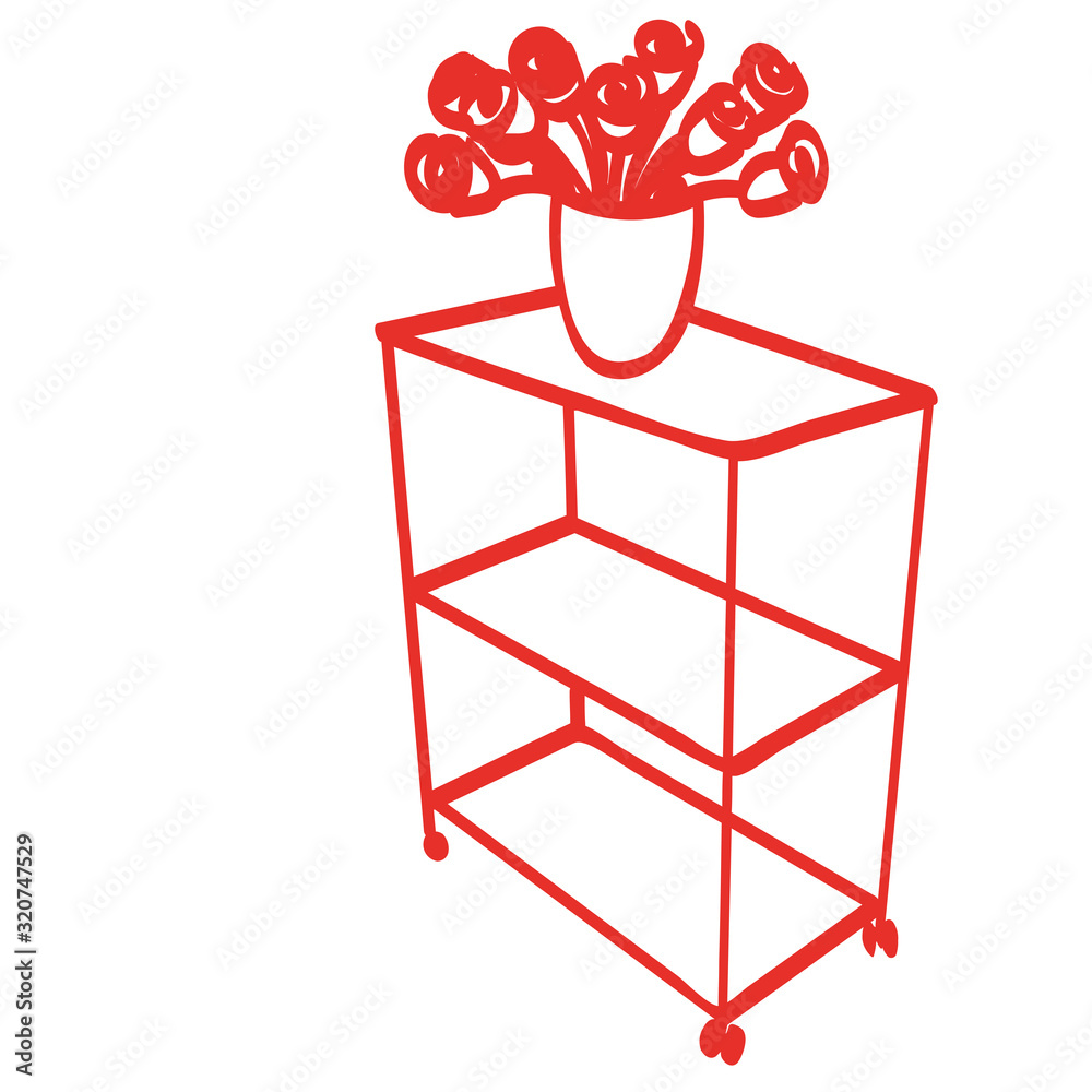Handgezeichnetes Regal mit Blumenvase in rot Handgezeichnetes Regal mit Blumenvase in rot
