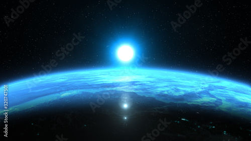 Beautiful view from space of the Sun rising over Planet Earth. Blue version. Elements of this 3D illustration were furnished by NASA.