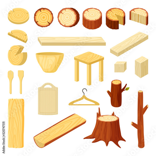 wooden products. branches trunks stumps planks for different home items hanger and cutting board. vector set