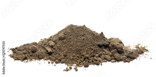 Dirt, soil pile with chunks isolated on white background