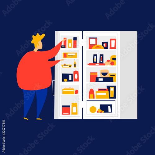 Fat man at night near the refrigerator. Flat style vector illustration.