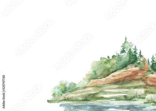 Watercolor landscape, island, silhouette of trees, conifers, pine, cedar, bushes. Summer landscape on white isolated background. Summer countryside landscape, forest. A park. Mountain view